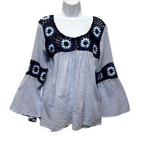 Adore Women Babydoll Tunic‎ S Blue Stripe Crochet Granny Square Romantic Boho
